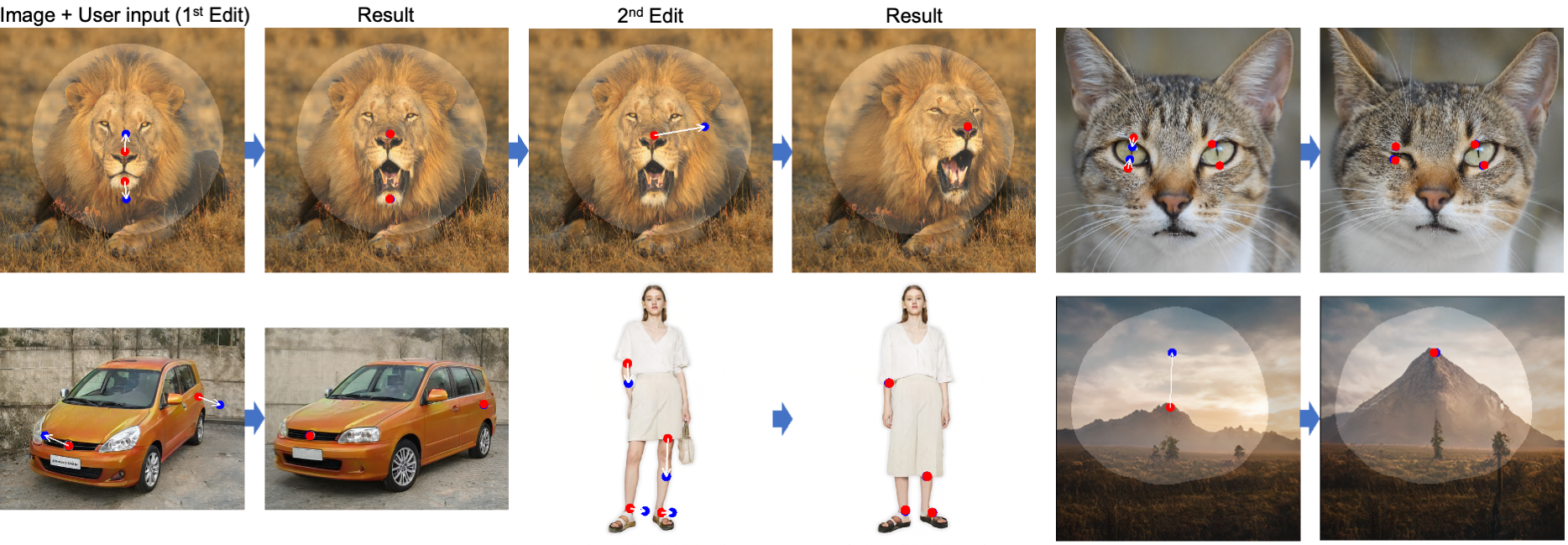 Drag Your GAN: Interactive Point-based Manipulation on the Generative Image Manifold